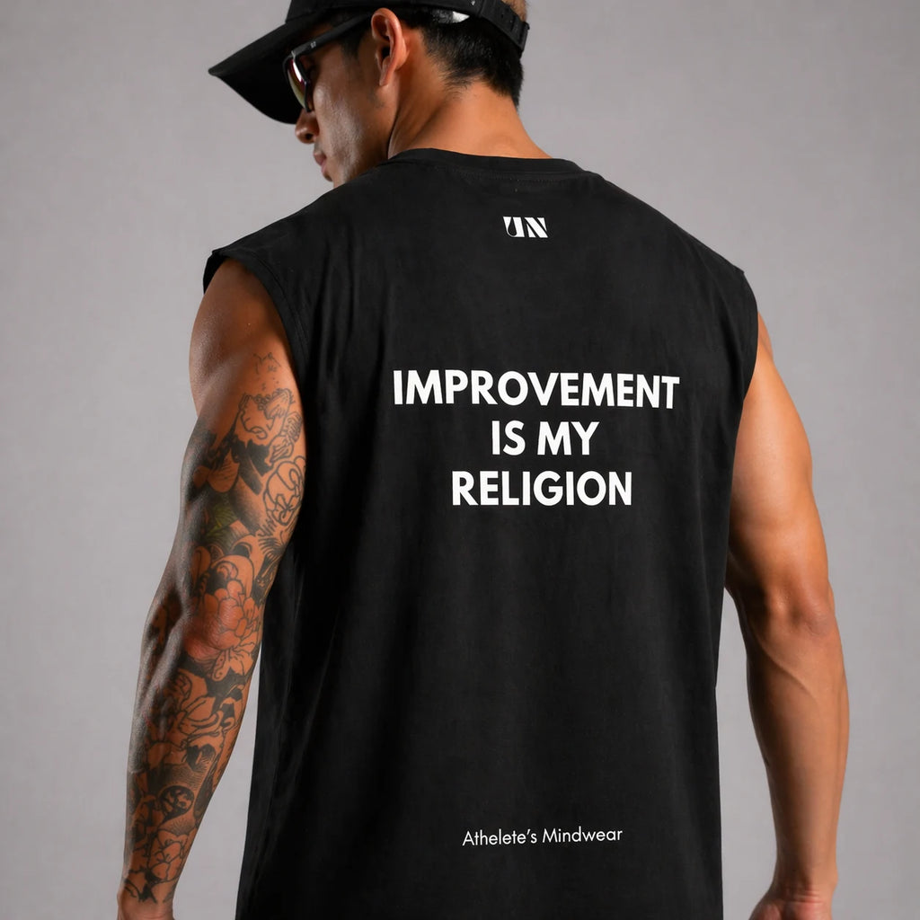 UNPROVEN black sleeveless tank top men with "Improvement is my religion" back graphic oversized gym fit