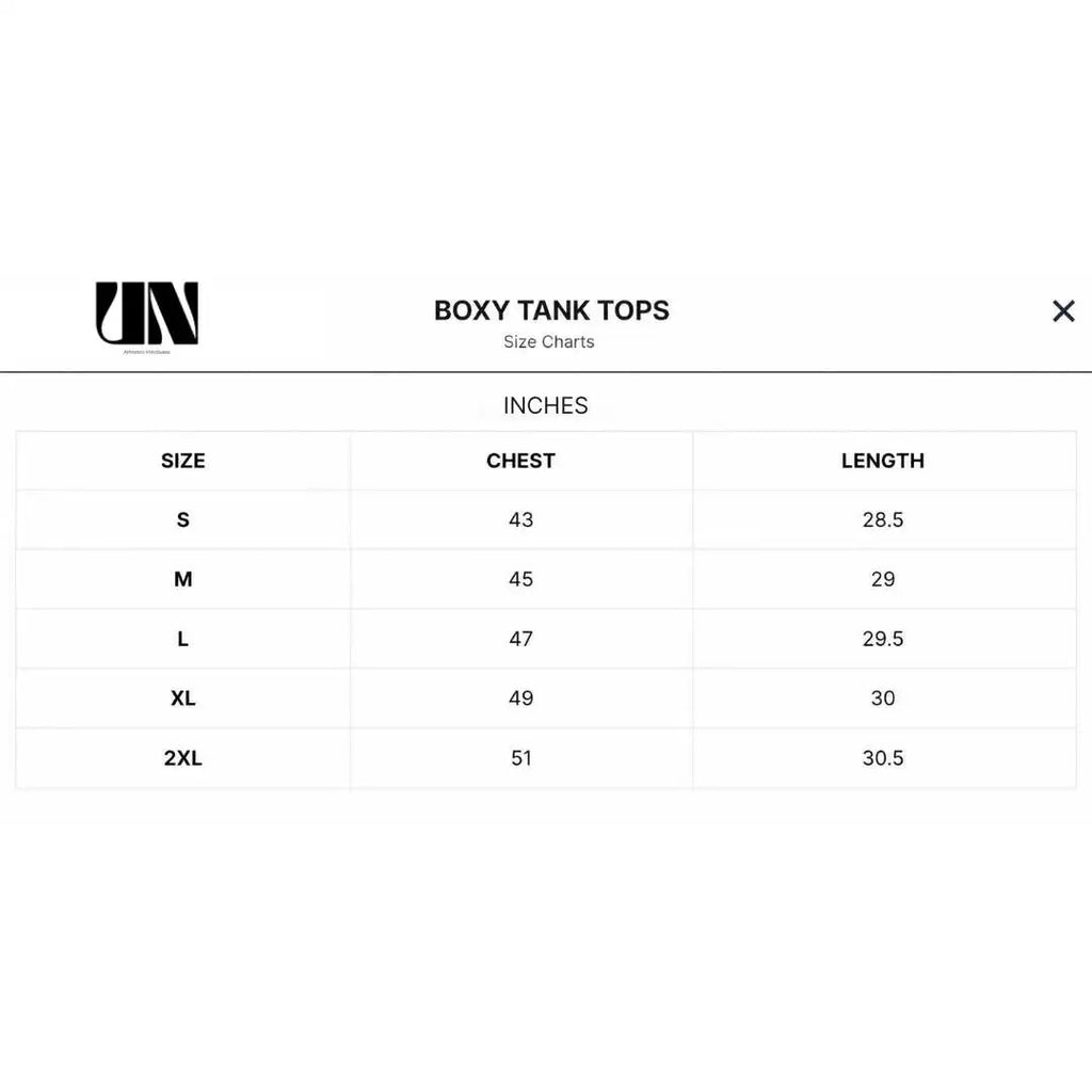 Size chart for boxy tank tops with UN logo