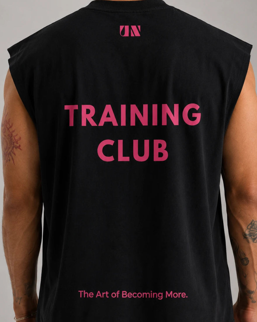 Back print of Training Club black workout tank for strength and conditioning sessions