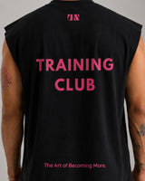 Back print of Training Club black workout tank for strength and conditioning sessions