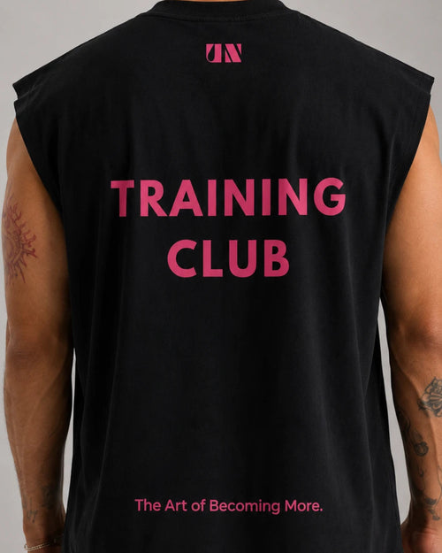 Back print of Training Club black workout tank for strength and conditioning sessions