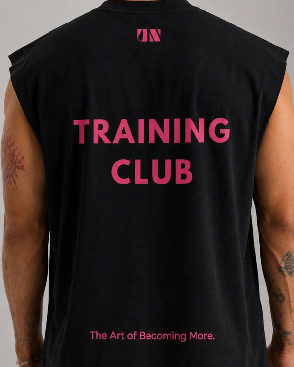 Back print of Training Club black workout tank for strength and conditioning sessions