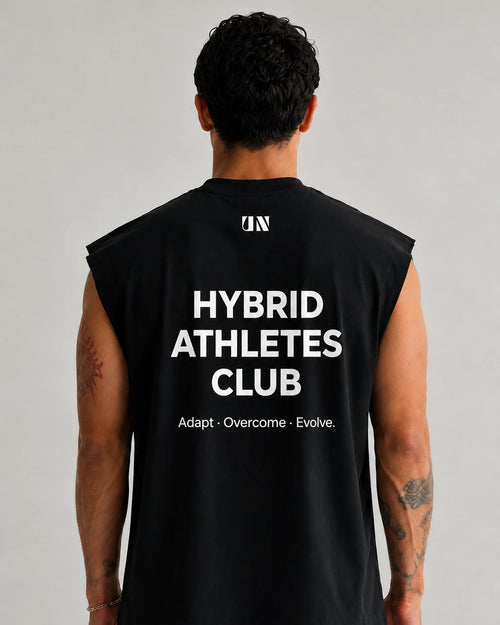 Back print of Hybrid Athletes Club boxy gym tank for strength and conditioning training