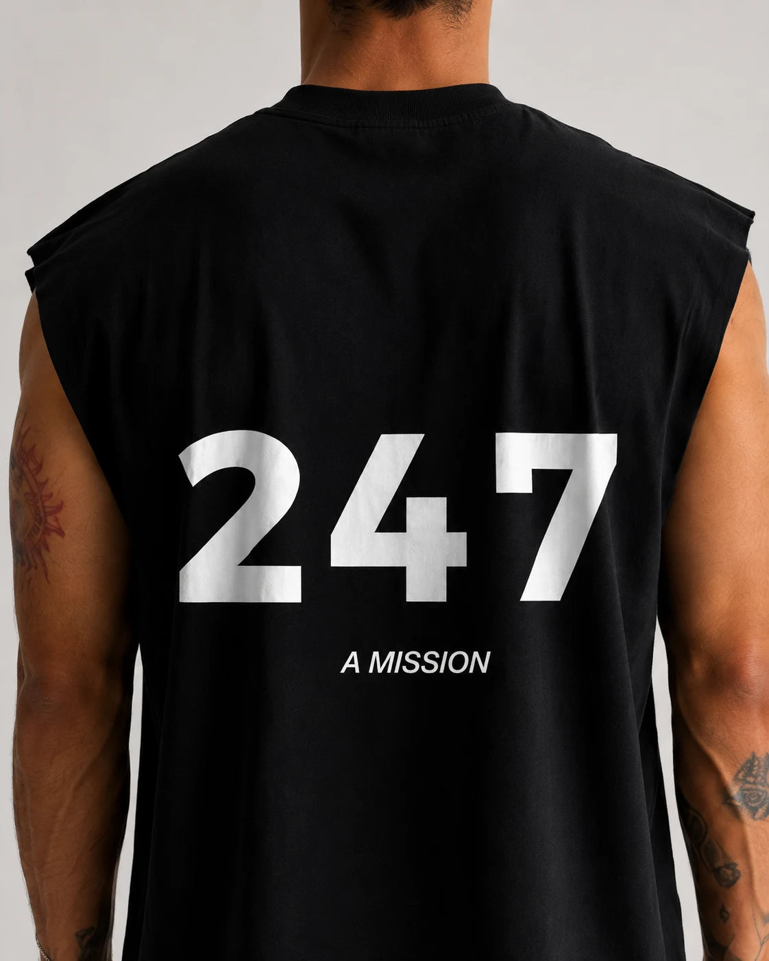 Back print of Team 247 boxy workout tank for gym and training sessions